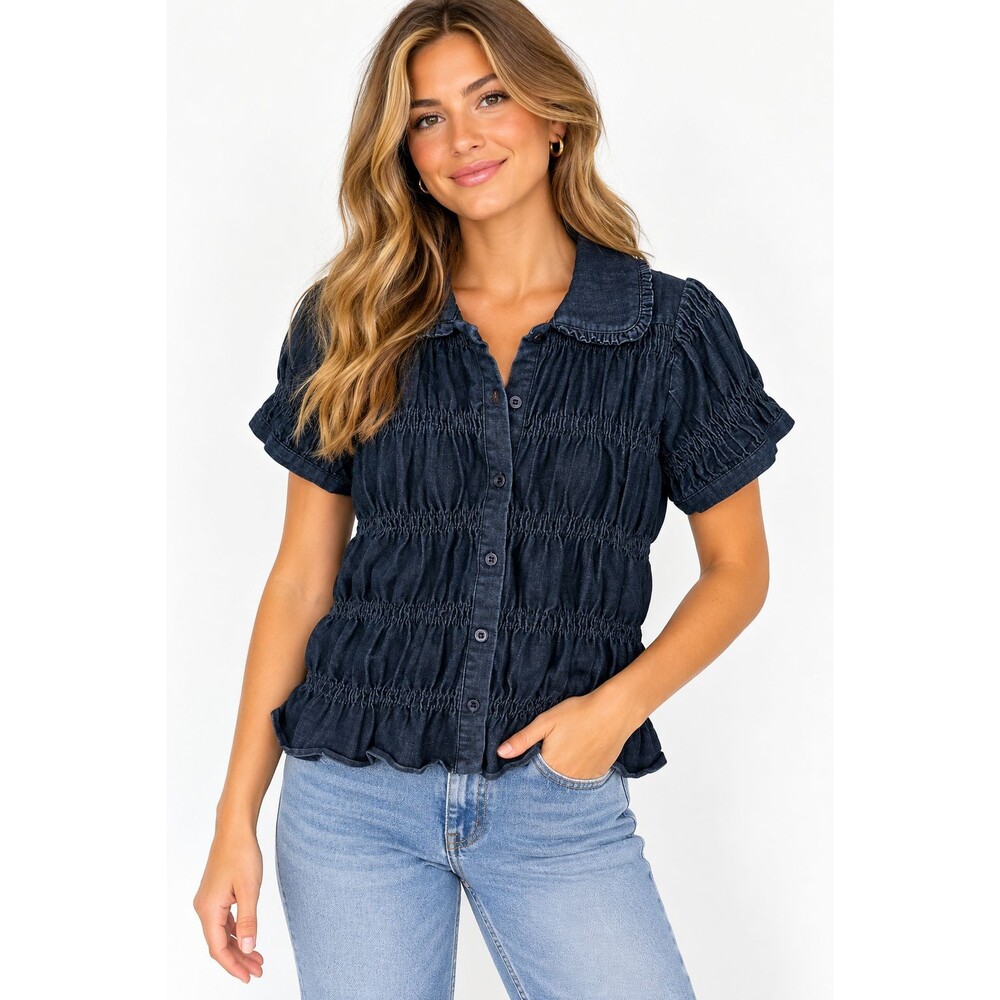 Bohme Maddie Smocked Blouse Size XS Dark Wash Blue Button Front Short Sleeve